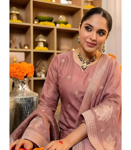 Pinkmint Jacquard Silk Straight Kurta with Woven Tassel Dupatta Close view of the Pinkmint Maroon kurta neckline and woven floral dupatta