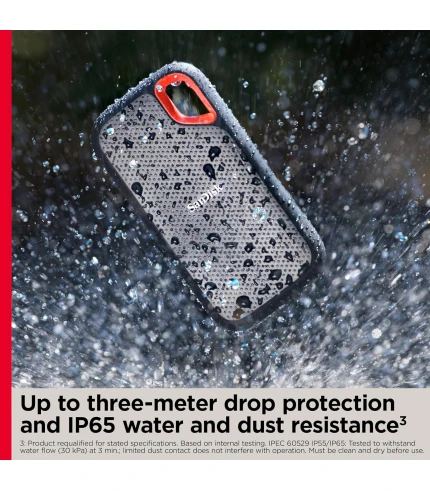 Black SSD with manufacturer water and dust resistance information