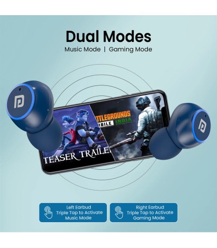 Person wearing Portronics Harmonics Twins S13 Blue earbuds